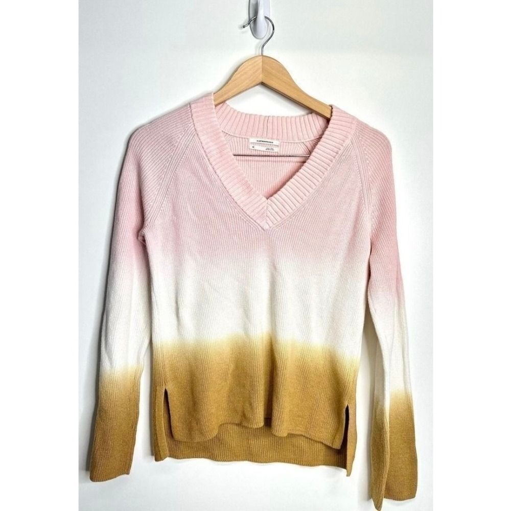 Anthropologie Pink White Yellow Ombre V-Neck Ribbed Knit Sweater Size XS - Picture 3 of 8
